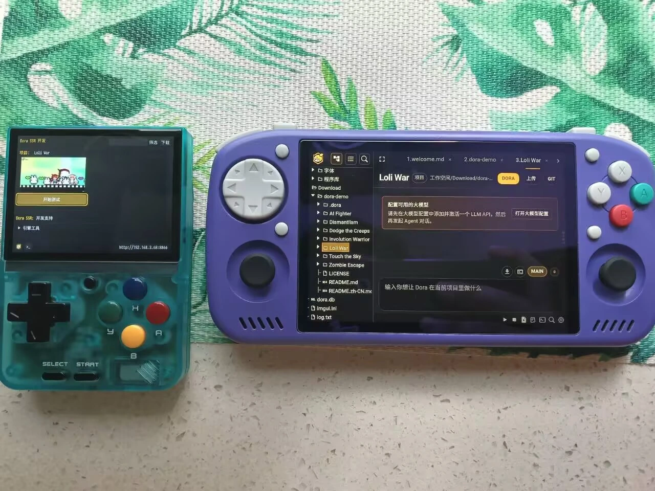 A real handheld displaying the Dora Web IDE address