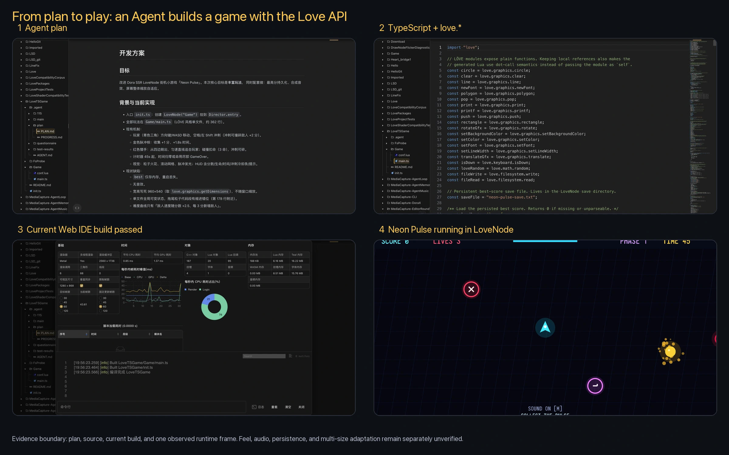 The plan, TypeScript source, current build, and LoveNode runtime path for Neon Pulse