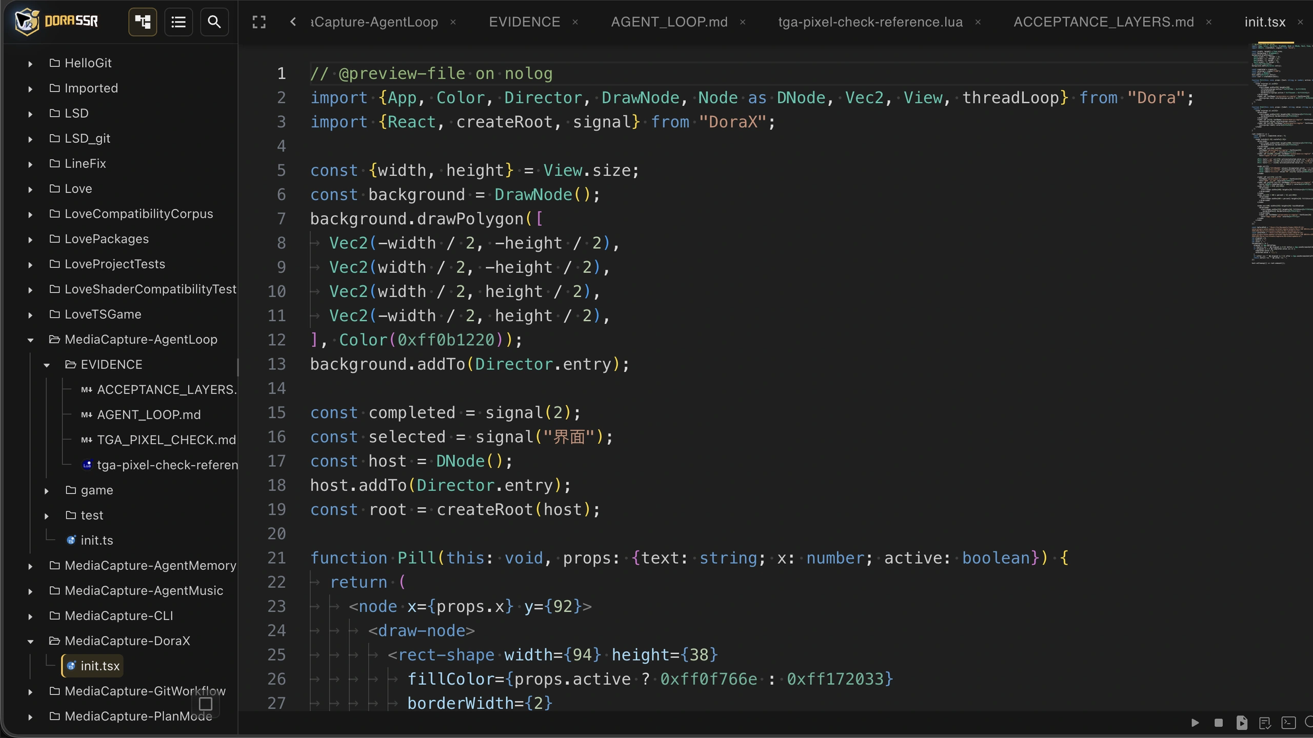 DoraX source describing physics, drawing, text, and action nodes in one typed structure