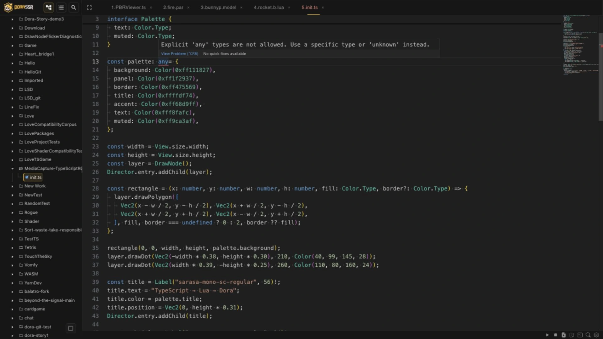 Monaco showing a Dora TypeScript diagnostic for an uncontrolled any value