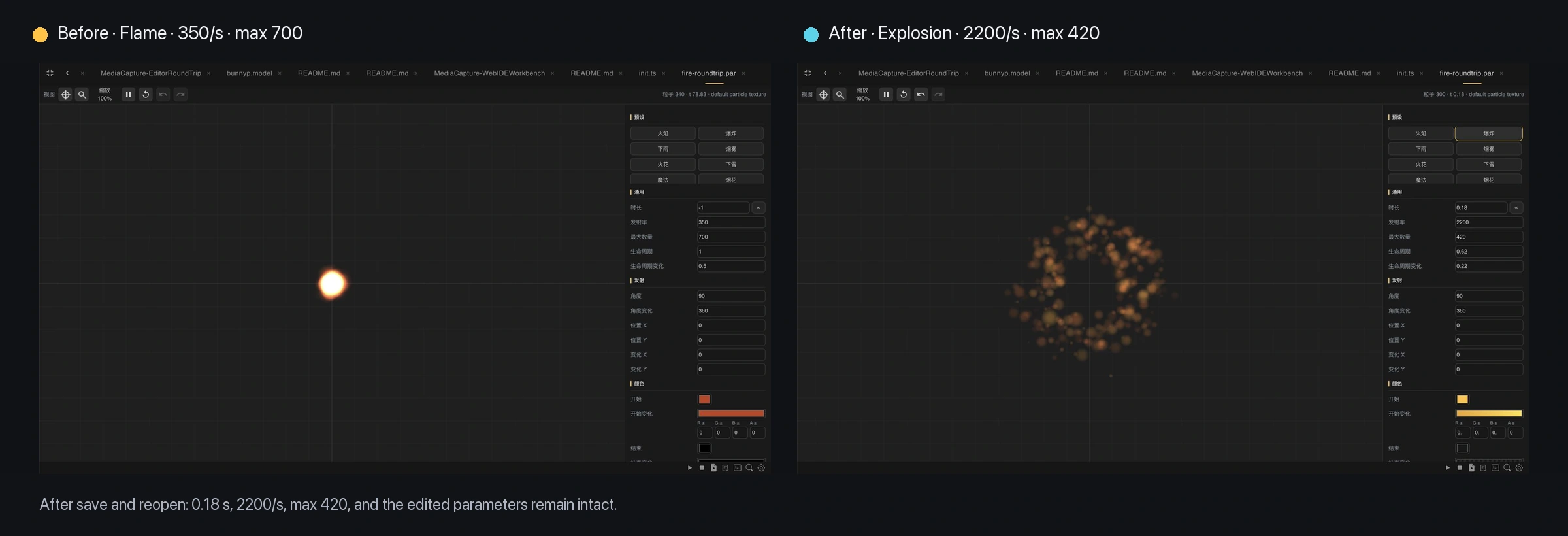Particle parameters and their save-reopen preview