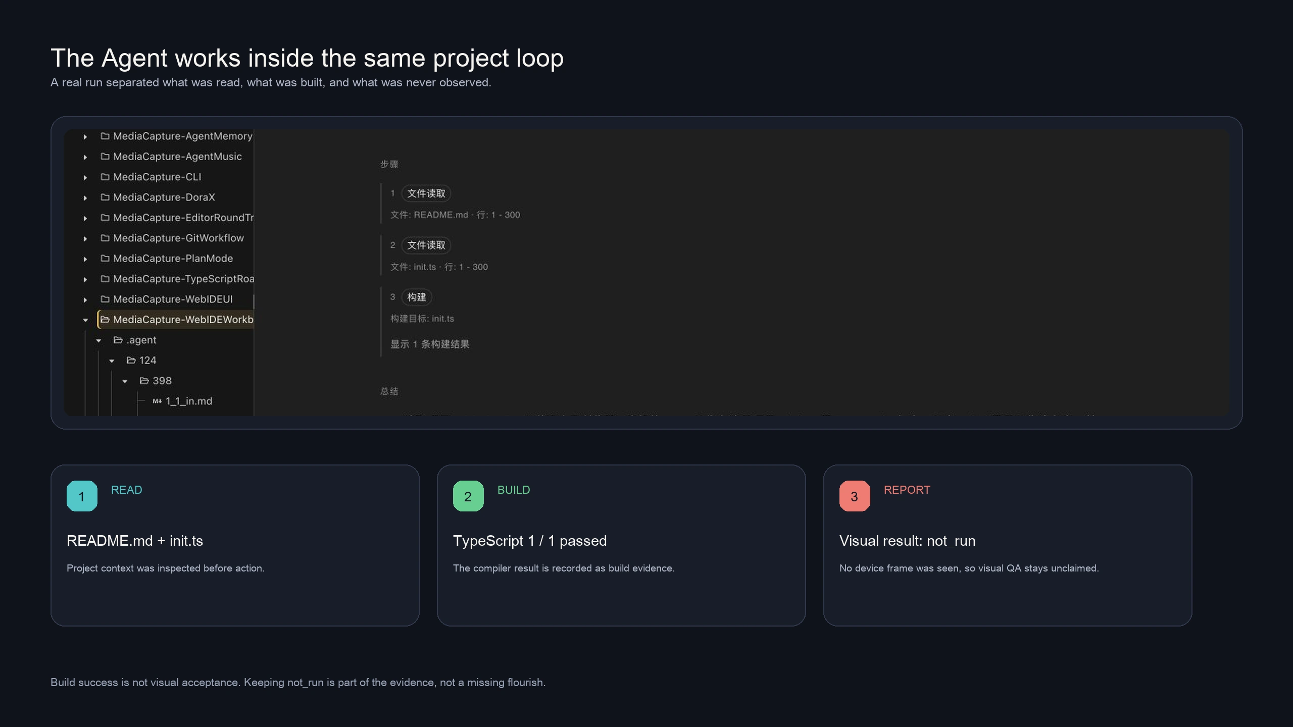 An Agent reading project files, building successfully, and reporting the missing visual check
