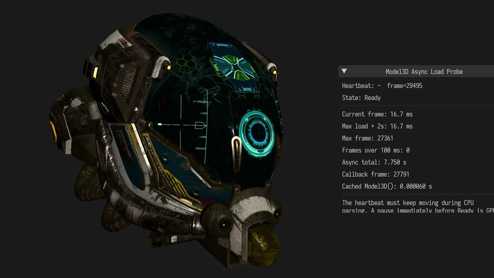Detailed 3D helmet model and asynchronous loading diagnostics in Dora SSR