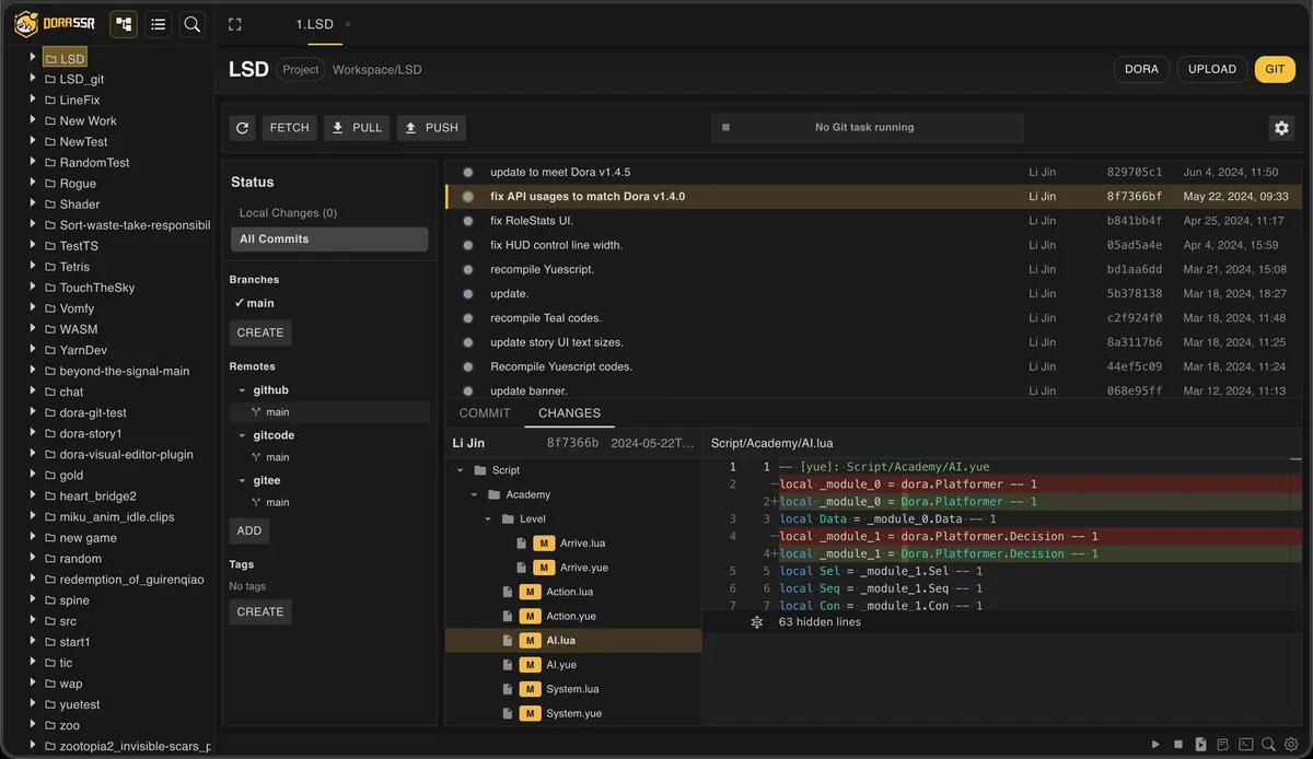 Dora SSR built-in Git client showing commit history, remotes, and file changes