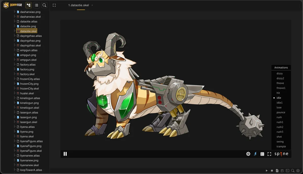 Spine skeletal animation preview in Dora SSR Web IDE