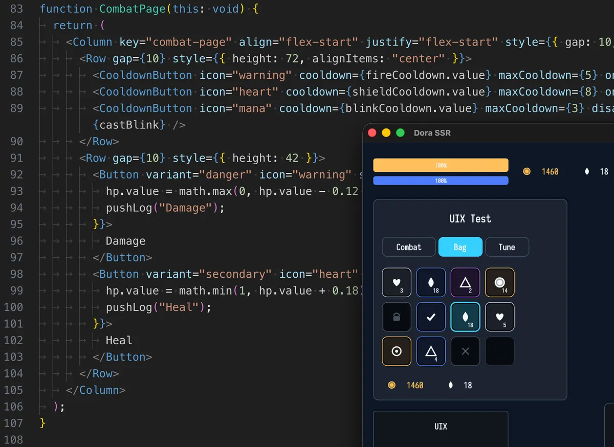 Dora SSR TSX code alongside its reactive UI running in the native runtime