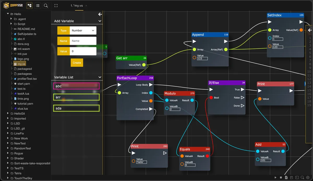 Dora SSR visual script editor with connected logic nodes