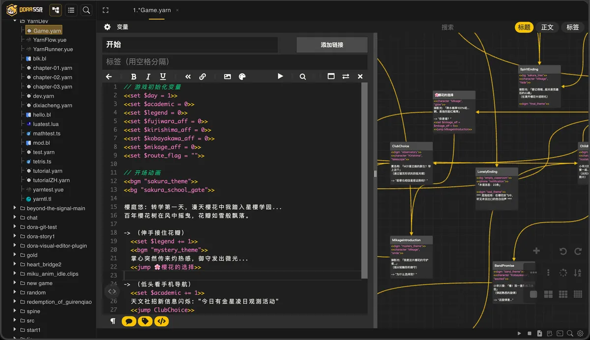 Yarn story editor with script and node graph views