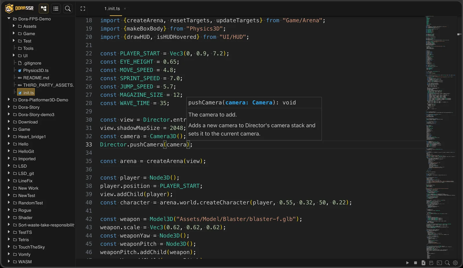 Dora SSR Web IDE editing an FPSDemo TypeScript project