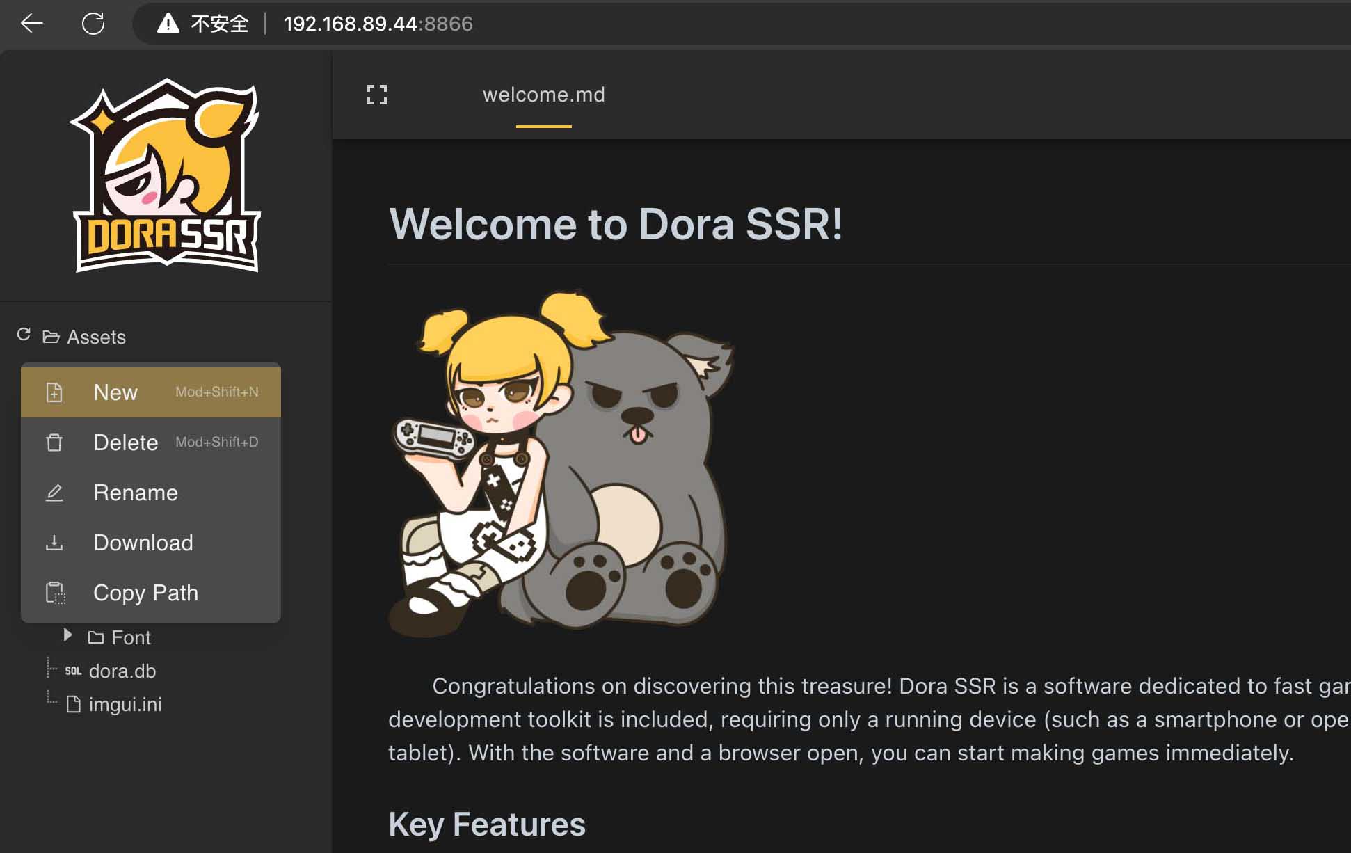 Accessing Dora SSR's Web IDE and creating a new folder in the browser